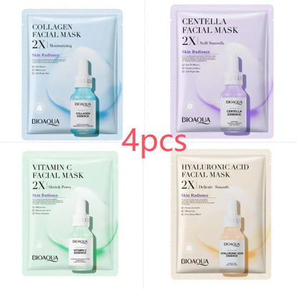 Collagen and hyaluronic acid facial sheet mask set with four variant packages showing 30g gel masks