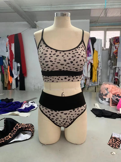 Women's high waist split bikini swimsuit in white or leopard print, nylon fabric, sizes S to XL