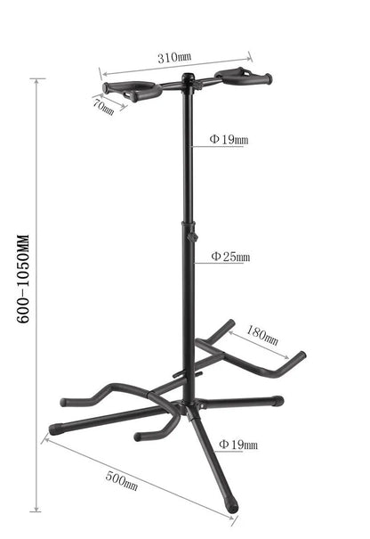 Black vertical double-headed adjustable iron guitar stand holding two guitars.