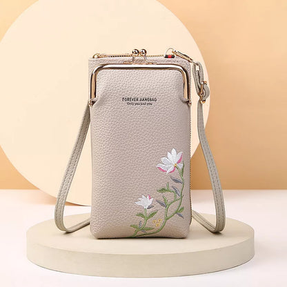Flower embroidery phone bag with lock buckle in multiple colors
