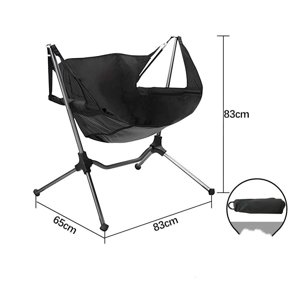 Black foldable aluminium alloy rocking chair, 83x83x65cm unfolded for outdoor balcony or camping, 2.2mm thick 25.5mm tubes