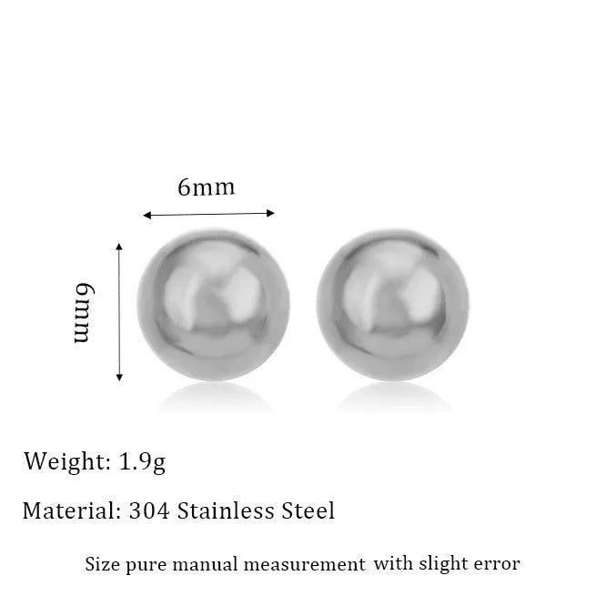 Stainless steel ball stud earrings with round geometric shape in gold or silver finish, sizes 3mm to 6mm