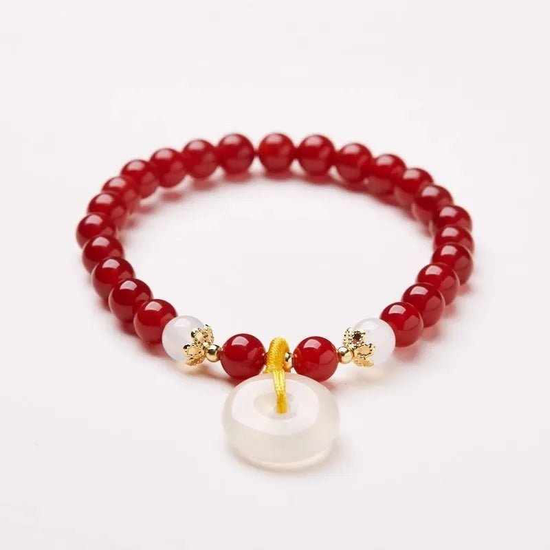 Natural Jinsi Jade and Red Agate bracelet with 6mm peace clasp beads and safety buckle clasp