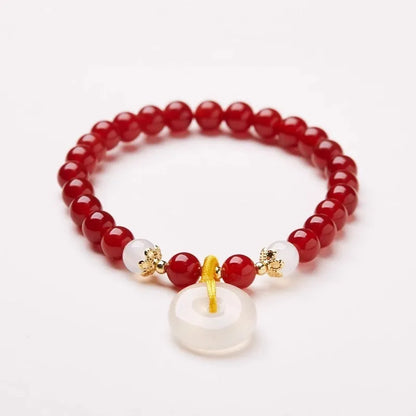 Natural Jinsi Jade and Red Agate bracelet with 6mm peace clasp beads and safety buckle clasp