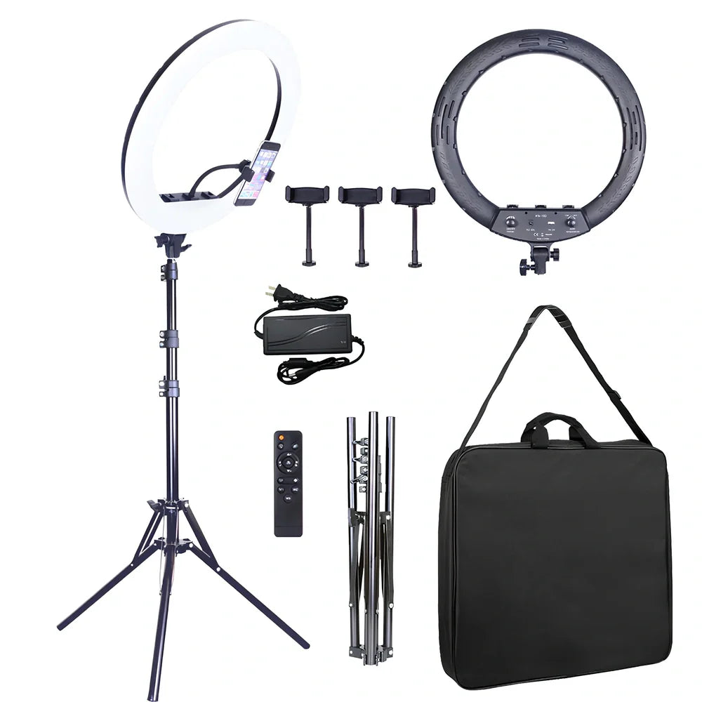 18-inch ring light with adjustable gimbal showing 45.5cm diameter illumination for photography