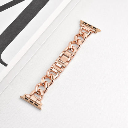 Silver metal link watch strap for Apple Watch with 22mm connectors on a grey background
