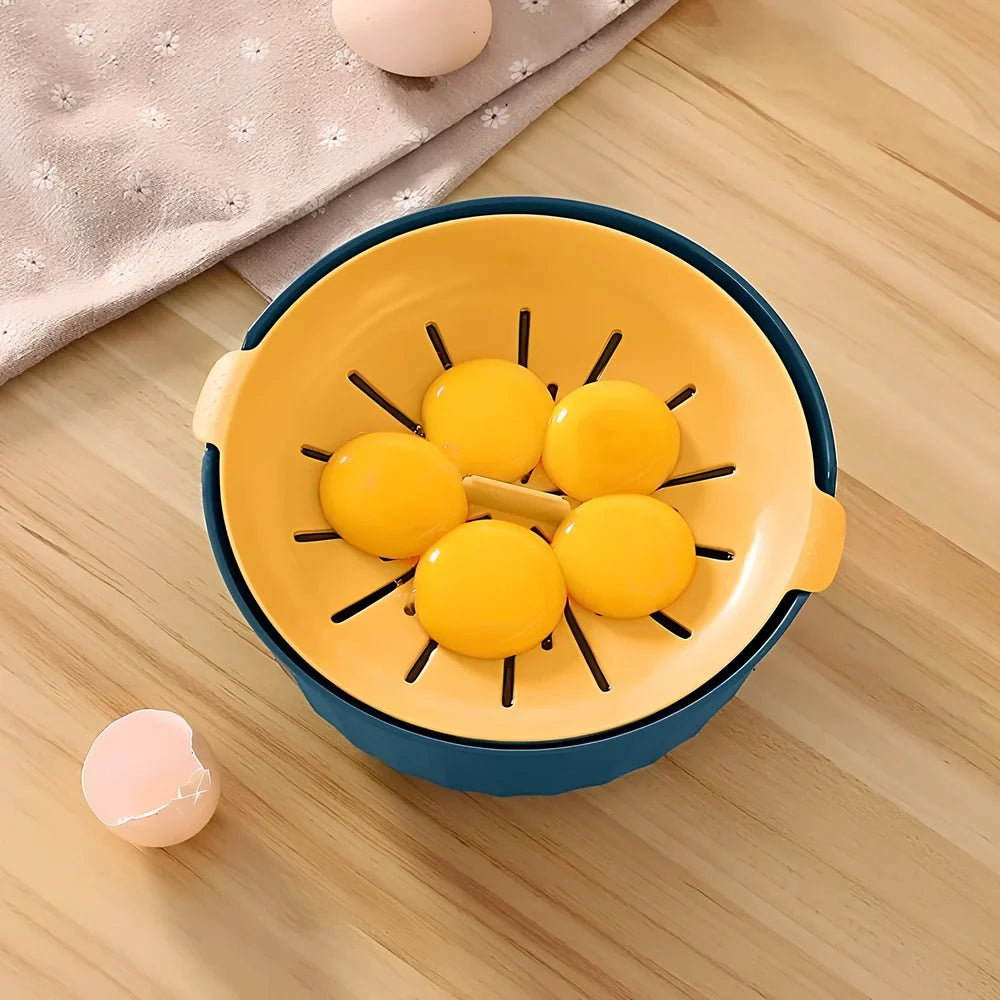 Blue and yellow kitchen egg separator with drainage channels for yolk and white separation
