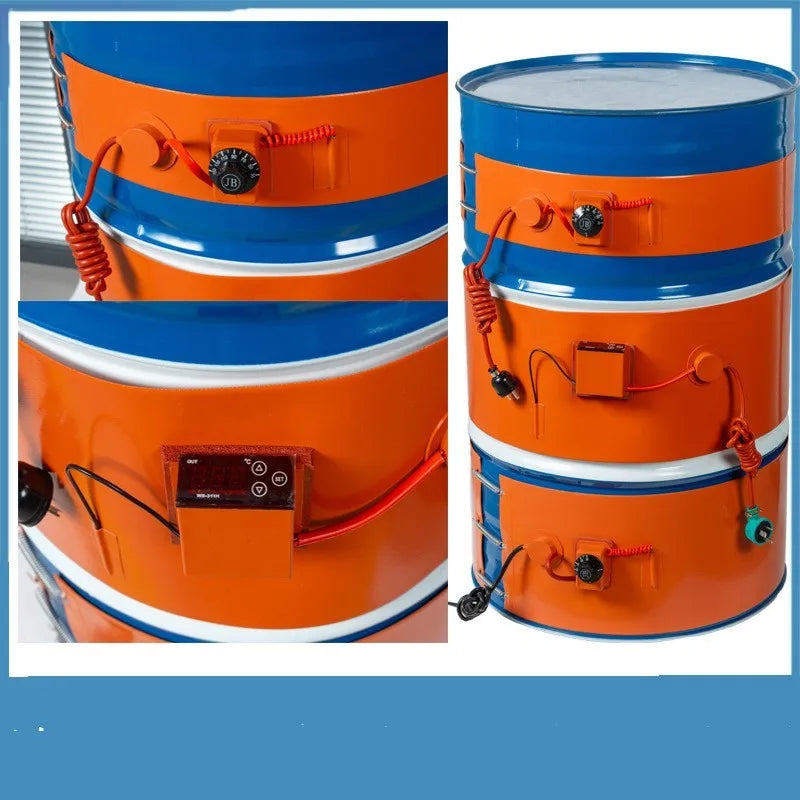 Silicone Rubber Heating Belt designed for 200 litre oil drums, providing electrical heating and insulation with options for 1000W, 2000W, or 3000W power and either digital display or knob control, featuring a US electrical outlet.