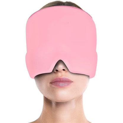Black elastic cooling gel eye mask for headache relief placed on a forehead.