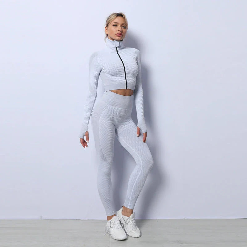 Sleek, seamless athleisure set in a variety of vibrant colors, designed for comfort and style during workouts and everyday wear.