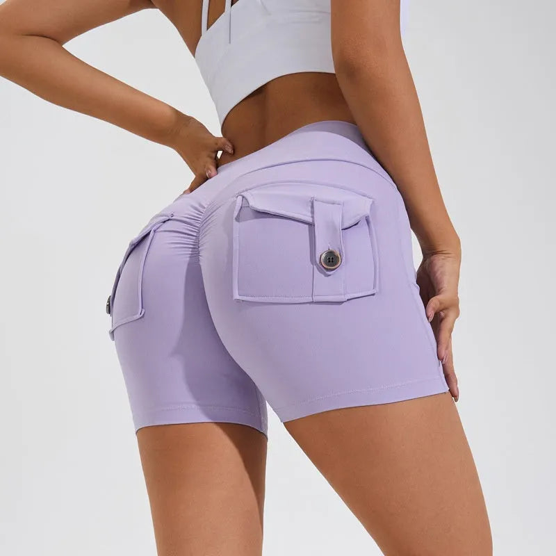 Women's high-waist fitness shorts with pockets in quick-dry nylon fabric