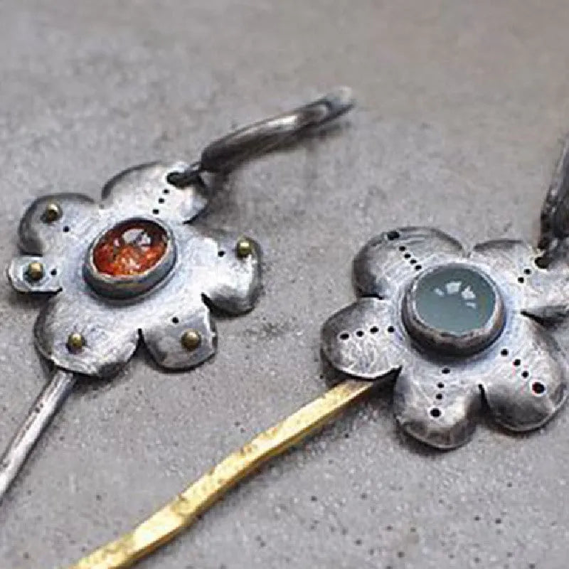 Geometric retro flower earrings with two-tone asymmetrical colour finish on alloy metal