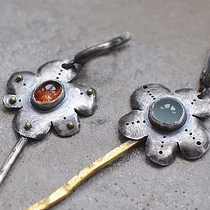 Geometric retro flower earrings with two-tone asymmetrical colour finish on alloy metal