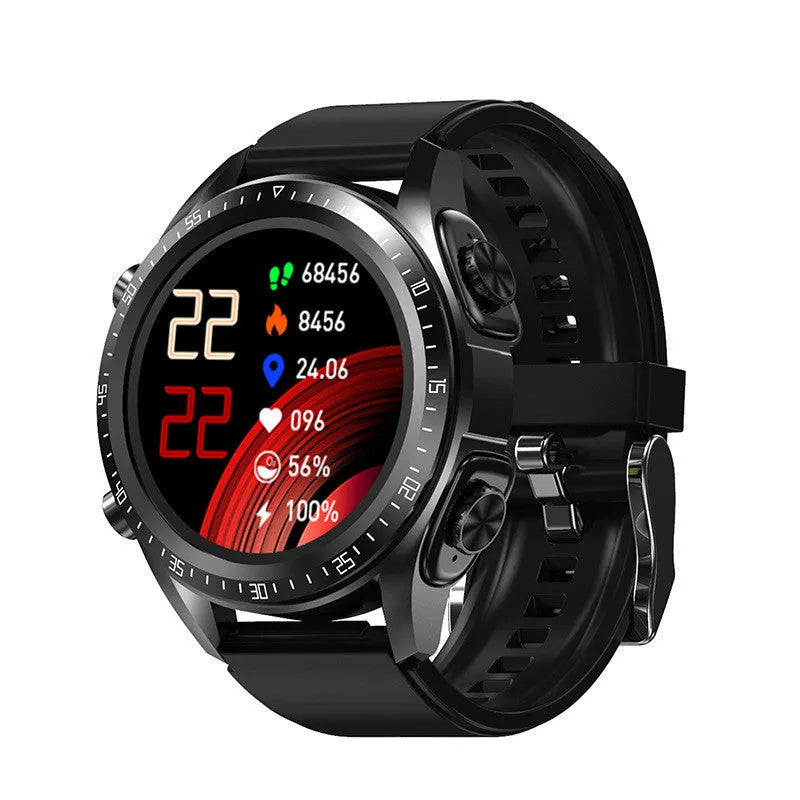 Black smart watch with silicone strap displaying health metrics on its screen, next to included TWS earphones.