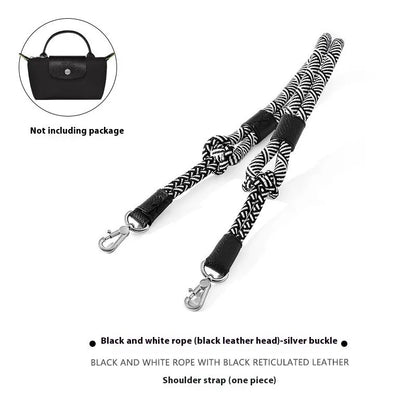 Braided rope shoulder strap with alloy hardware in silver or gold finish options