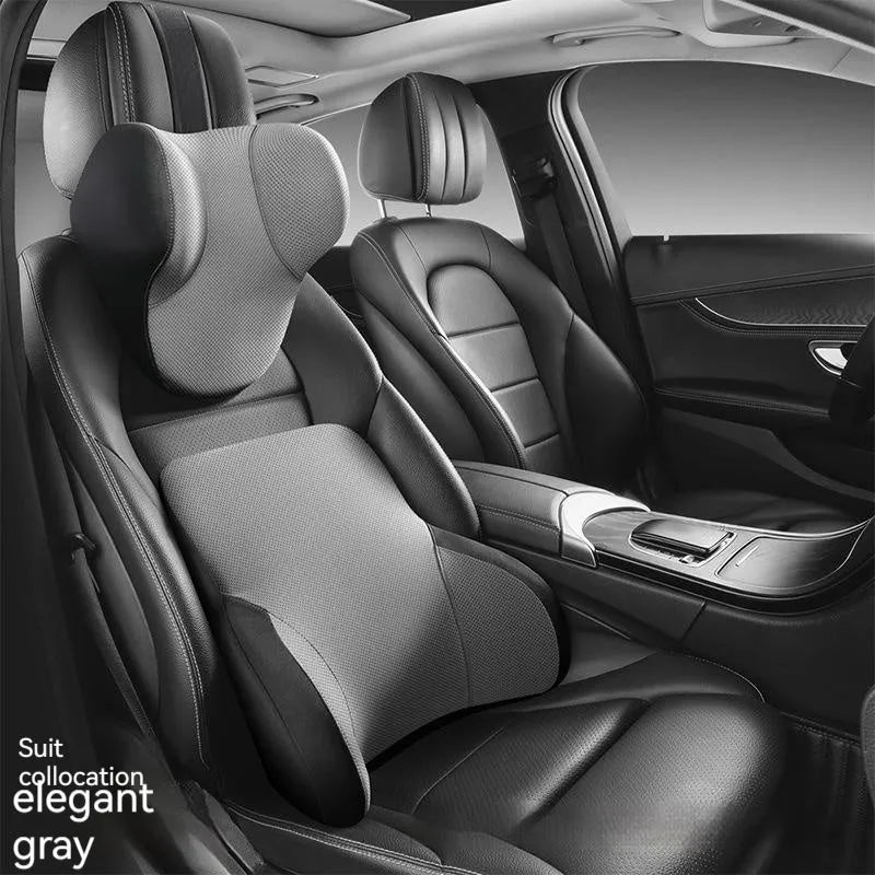 Memory foam car lumbar support pillow and headrest set in knitted fabric with hydrophobic latex filler