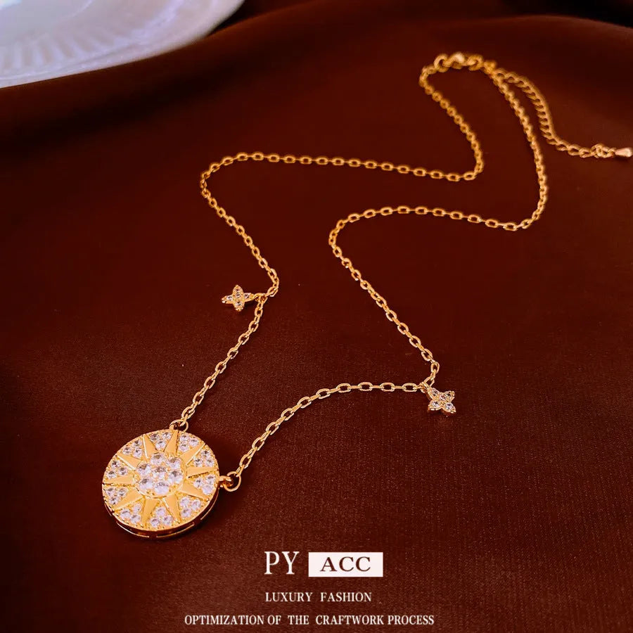 Gold round pendant clavicle necklace with inlaid zircon, geometric Chinese-style women's jewellery, 51-60cm chain