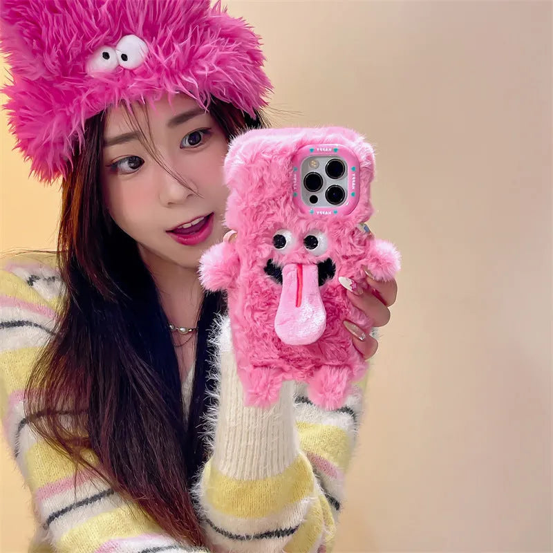 Pink and Green cartoon monster plush silicone case for Apple iPhone showing tongue-out design.