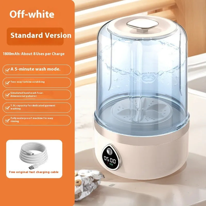 Portable white mini washing machine with USB cable showing 13.5cm width and compact design