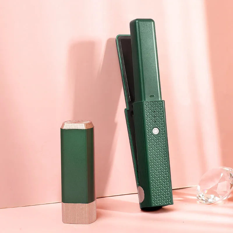 Pink and green cordless USB rechargeable mini hair straightener and curler with ceramic plates