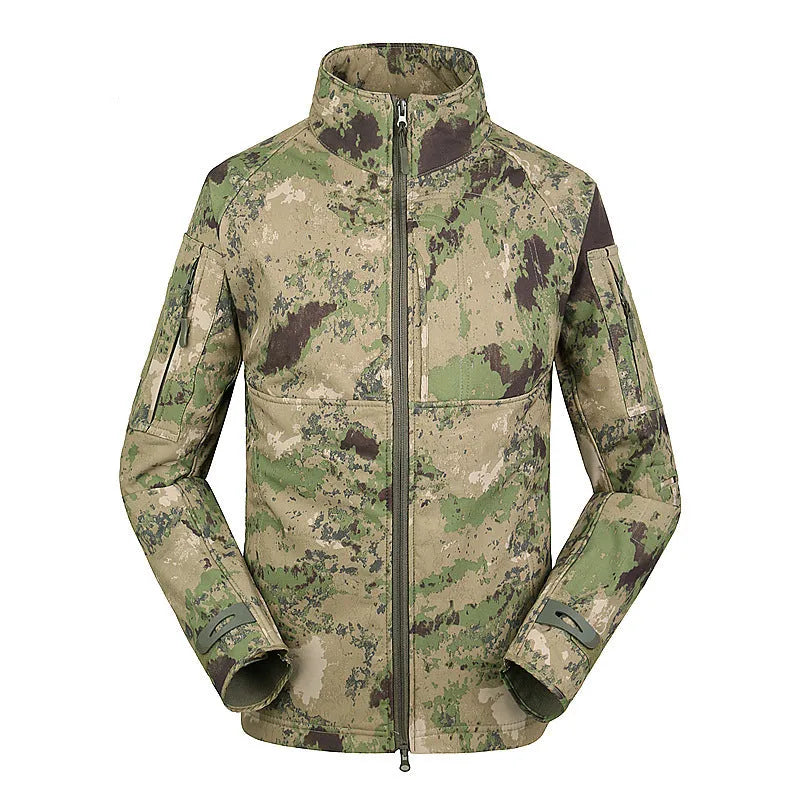 Men's thin commander stand collar outdoor jacket in green camouflage, shown unzipped.
