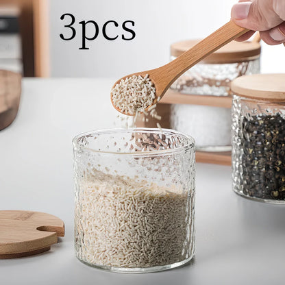 Japanese hammer pattern glass seasoning pot with three containers and bamboo lids on wooden base