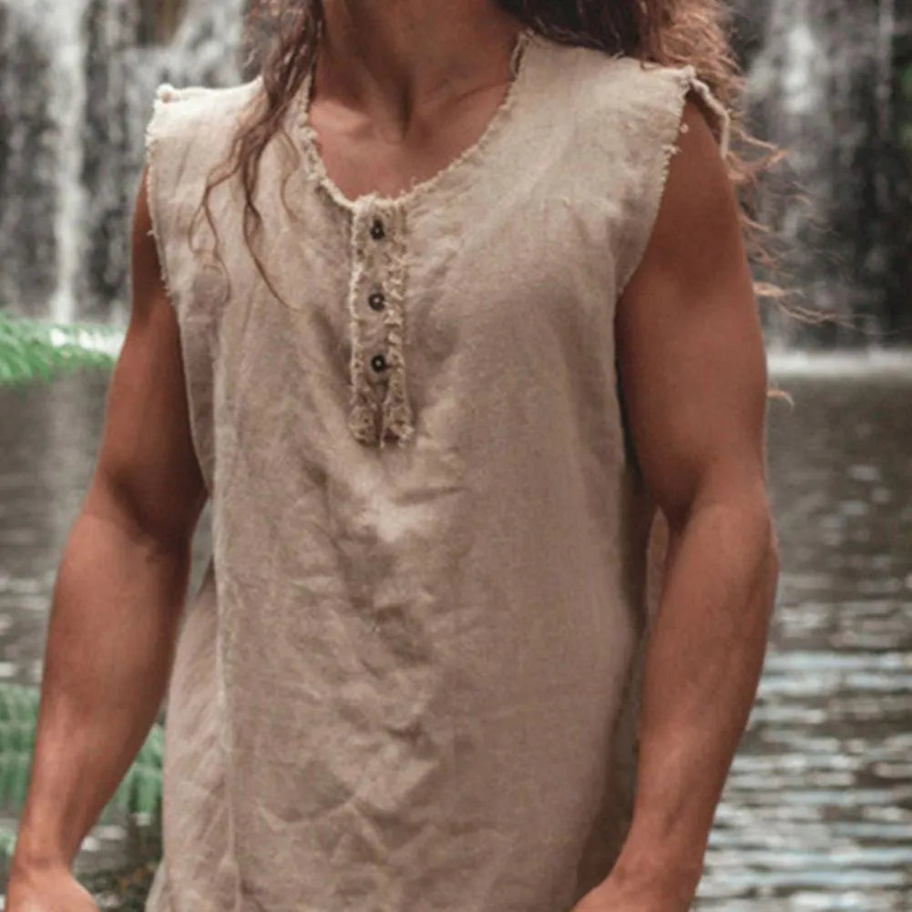 Men's loose linen vest in solid colour with round hem and sleeveless casual design, sizes S to XXXL