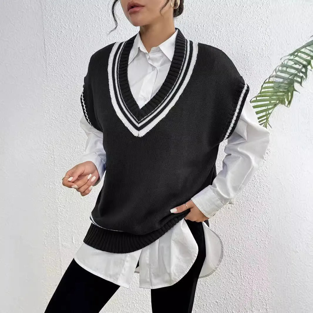 Women's college style acrylic pullover vest sweater in black, blue, and coffee colours with loose free size fit