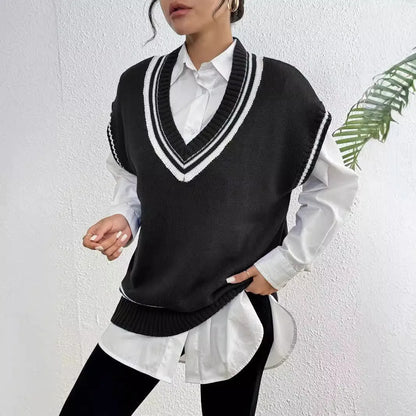 Women's college style acrylic pullover vest sweater in black, blue, and coffee colours with loose free size fit