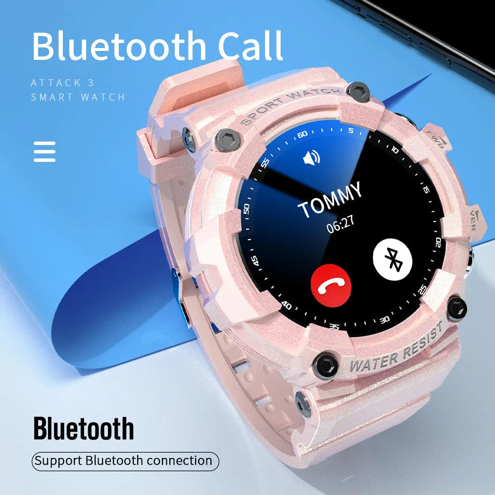 ATTACK 3 IP67 waterproof smart sports watch in black, pink, or white on a wrist.