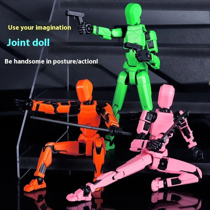 Highly posable 3D printed robot mannequin toy with interchangeable accessories, including wings and weapons