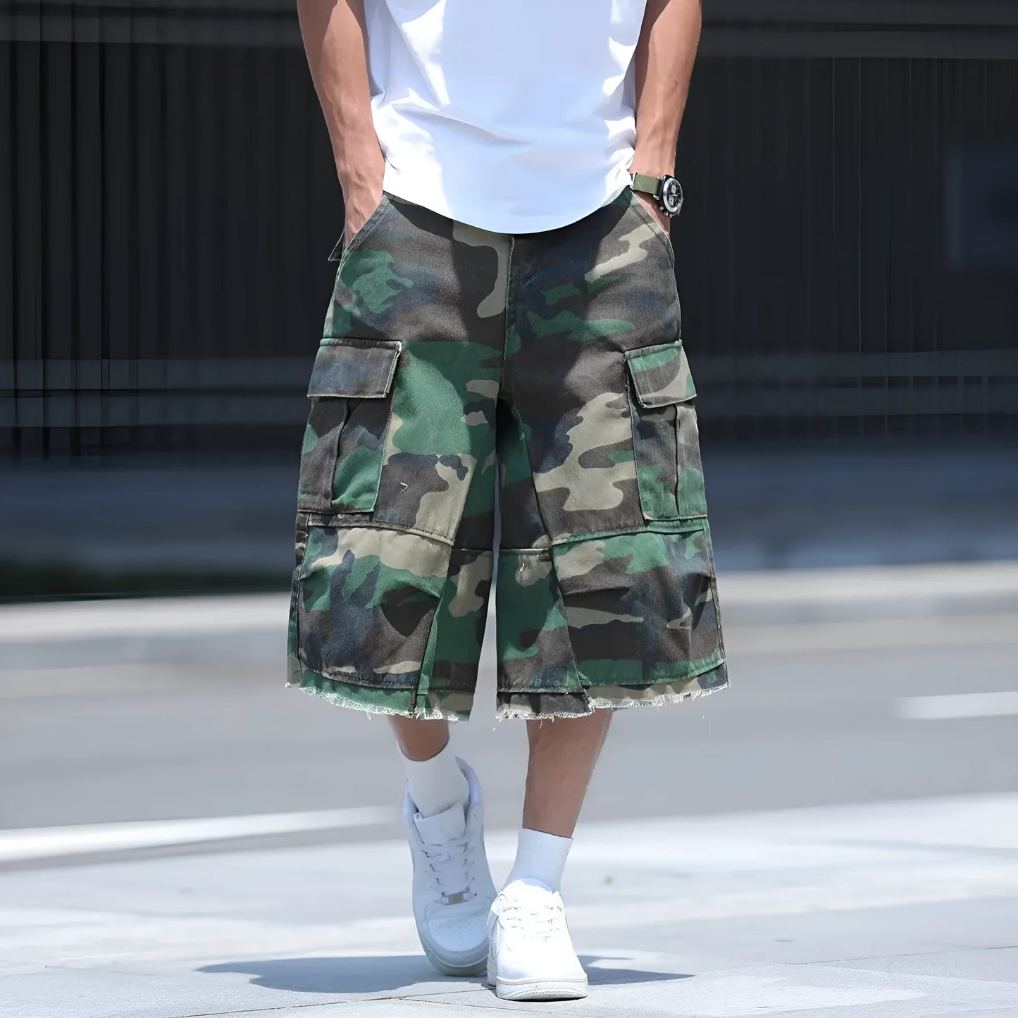 American-style loose-fit camouflage shorts in a cropped length on a neutral background.