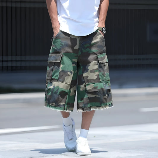 American-style loose-fit camouflage shorts in a cropped length on a neutral background.