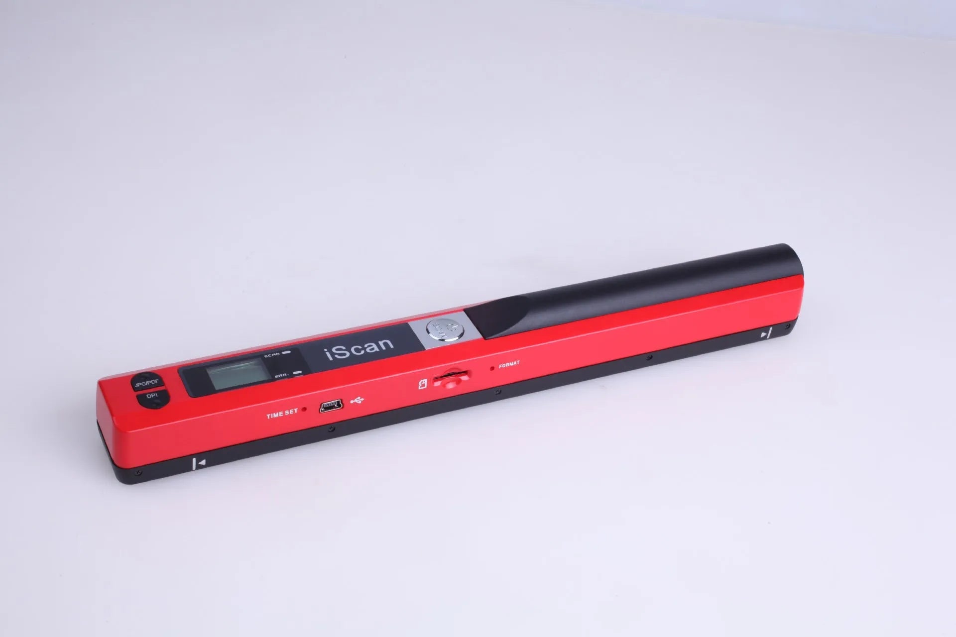 Handheld plastic barcode scanner in five colour options: black, blue, green, red, and silver.