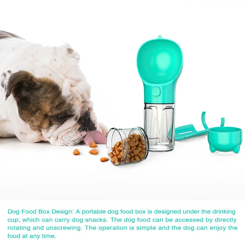 Multi-functional pet water bottle with food bowl and waste bag storage