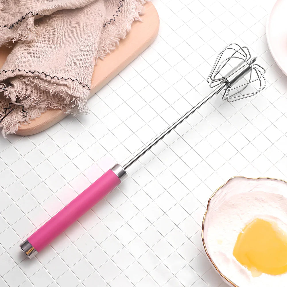Self-spinning whisk with straight stainless steel design and black handle in multiple colours