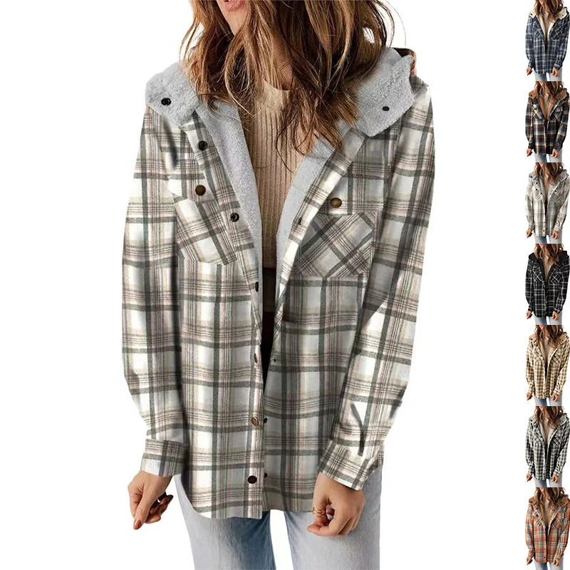 Casual Plaid Hooded Woolen Coat with fleece lining in various colors