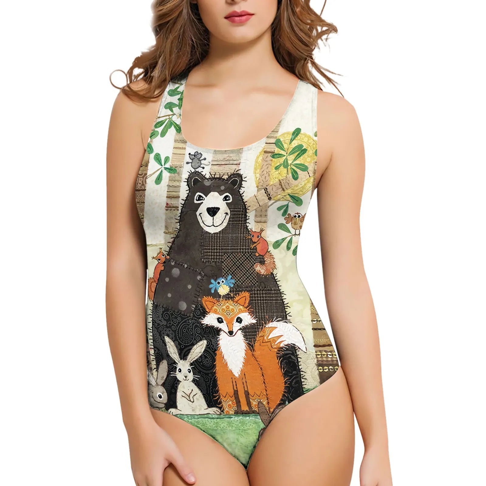 Women's sleeveless one-piece swimsuit with 3D printed sunflower pattern, available in sizes S to XL