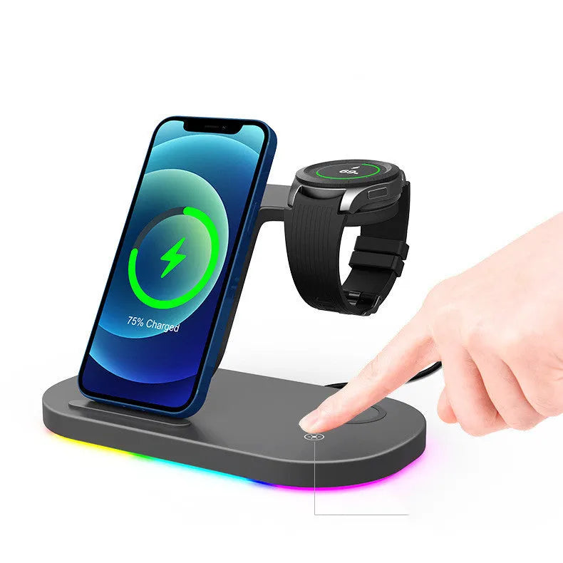 Black and white 15W three-in-one wireless charger with Type-C interface