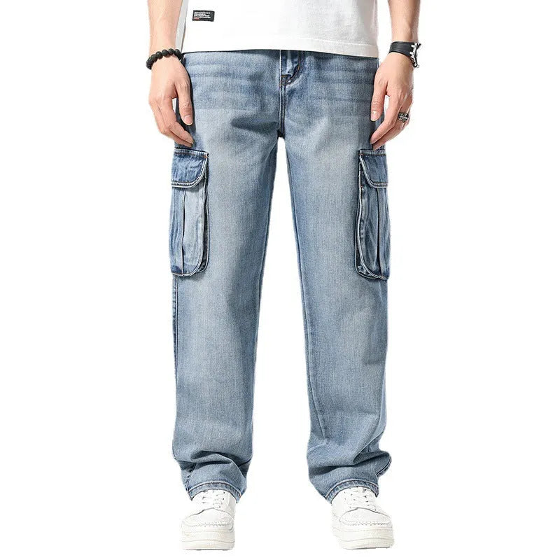 Men's loose-fit hip hop trousers with multi-pocket design in retro denim