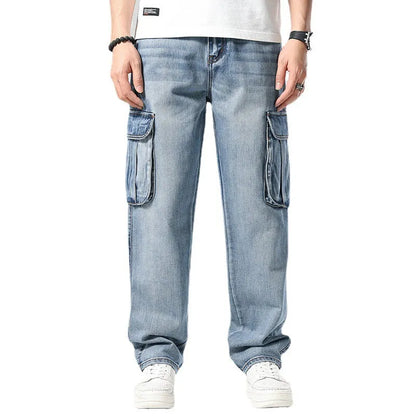 Men's loose-fit hip hop trousers with multi-pocket design in retro denim