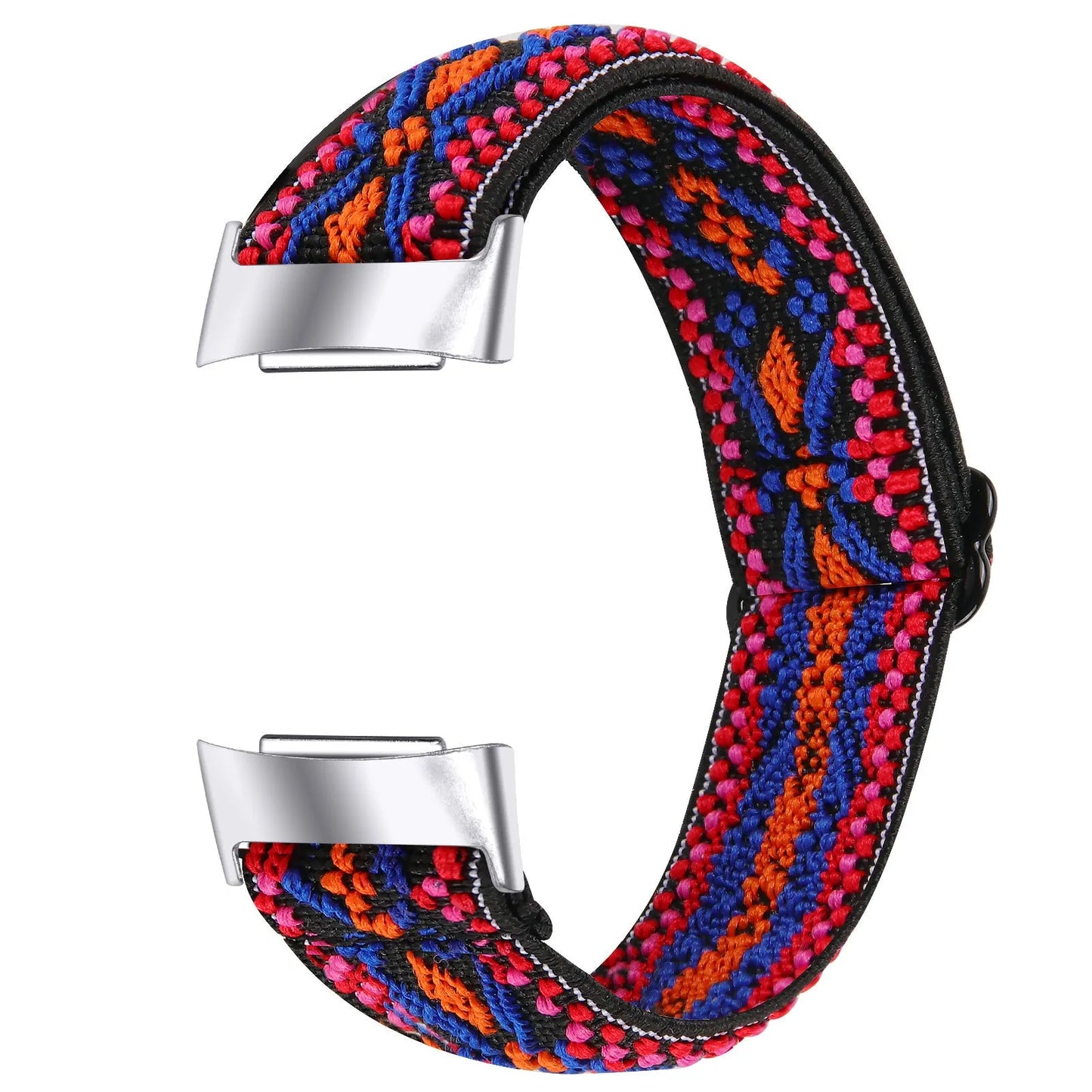 Printed elastic watch strap for Fitbit Charge 6 with adjustable sizing and multiple colour options