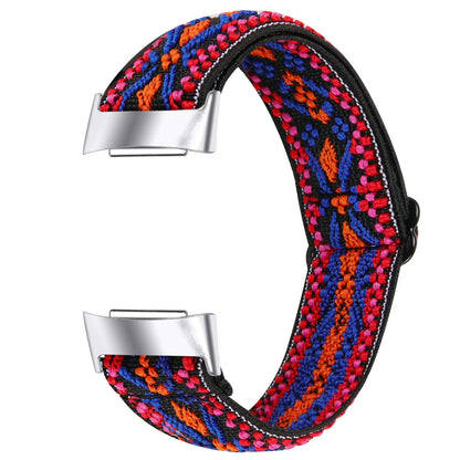 Printed elastic watch strap for Fitbit Charge 6 with adjustable sizing and multiple colour options