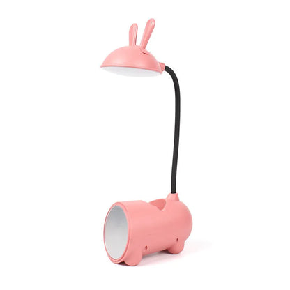 Modern green plastic USB table lamp with a long built-in pen holder on a wooden desk.