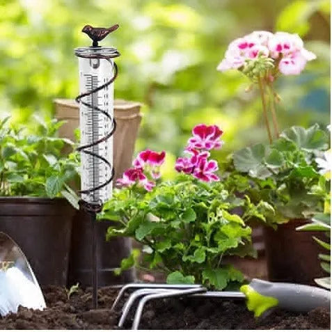 Cast iron hummingbird-shaped rain gauge with glass measurement tube showing 1-20 scale markings