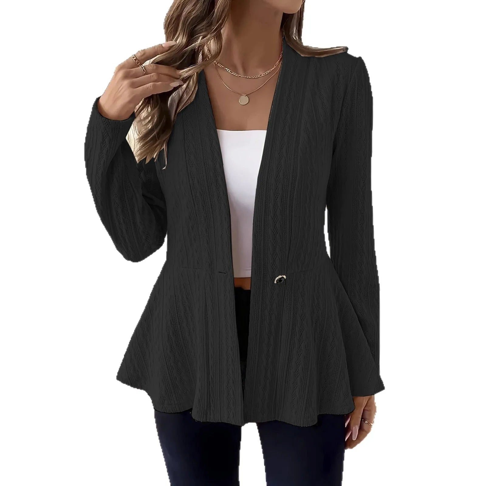 Women's apricot coloured knitted cardigan with jacquard pattern and one button front closure.