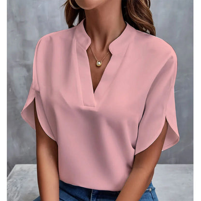 Women's summer V-neck chiffon shirt in various colors, lightweight and breathable for warm weather