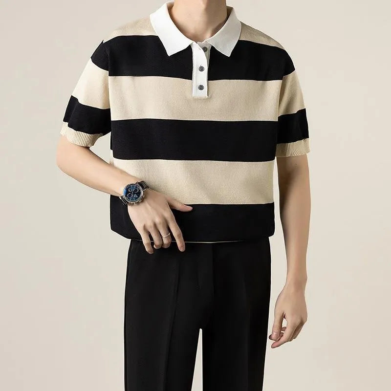 Men's striped short-sleeved business T-shirt in polyester, shown in black, coffee, white, and dark grey.