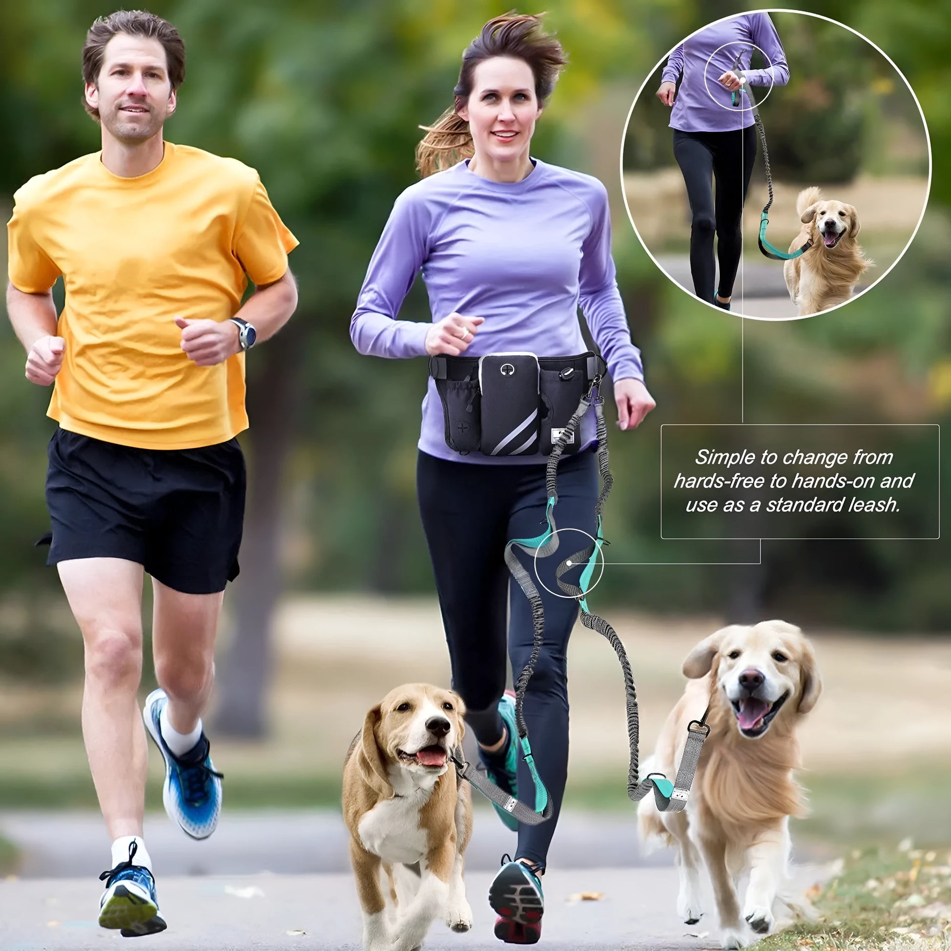Black nylon outdoor pet training waist bag and dog leash set on waist