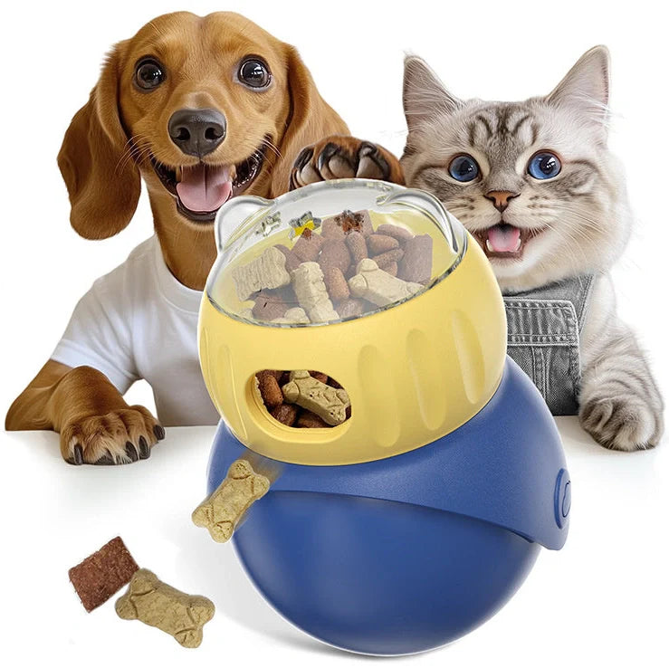Yellow and blue Tumbler Owl cat puzzle feeder with dual food compartments and weighted base